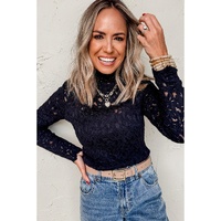 Black Flower Lace See Through Mock Neck Long Sleeve Top - L thumbnail