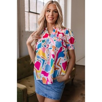 Multicolour Abstract Print Lace Detail Shirred Short Sleeve Split Neck Blouse - M thumbnail