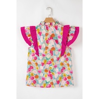 Pink Floral Layered Ruffle Flutter Sleeve Tie V Neck Blouse - L thumbnail