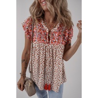 Red Printed Embroidery Detail Tie Split Neck Blouse - L thumbnail