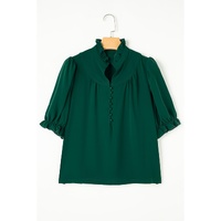 Blackish Green Solid Puff Sleeve Frilled Trim Elegant Blouse - L thumbnail