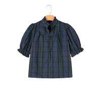 Green Stripe Plaid Puff Sleeve Frilled Trim Elegant Blouse - L thumbnail