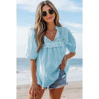 Mist Blue Embroidered Lace Patchwork Tie Neck Puff Short Sleeve Blouse - L thumbnail