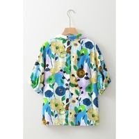 Light Blue Floral Print Slit V Neck Short Sleeve Blouse - M thumbnail