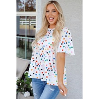 White Colorful Polka Dot Short Sleeve Tiered Ruffled Babydoll Blouse - L thumbnail