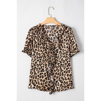 Khaki Leopard Ruffled Neck Cascading Puff Short Sleeve Top - L thumbnail