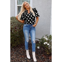 Black Polka Dot Print Shirred Yoke Notched Neck Balloon Sleeve Blouse - L thumbnail