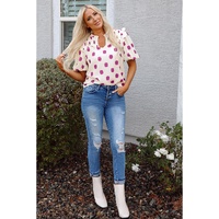 Rose Polka Dot Print Shirred Yoke Notched Neck Balloon Sleeve Blouse - L thumbnail
