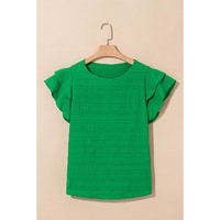 Dark Green Textured Ruffled Sleeve Round Neck Top - L thumbnail
