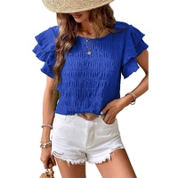 Dark Blue Textured Ruffled Sleeve Round Neck Top - S thumbnail