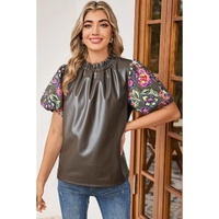Four Leaf Clover Floral Bubble Sleeve Patchwork Leatherette Frilled Round Neck Blouse - L thumbnail
