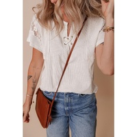 White Ribbed Texture Lace Patchwork Short Sleeve Top - M thumbnail
