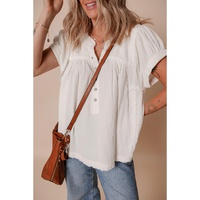 White Textured Short Sleeve Buttons Frayed Blouse - L thumbnail