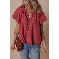 Red Dahlia Floral Embroidered Scallop Trim Short Sleeve V Neck Blouse - L thumbnail