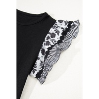 Black Ricrac Trim Printed Flutter Sleeve Contrast Patchwork Blouse - L thumbnail