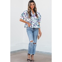 Purple Floral Ricrac Trim Half Sleeve Peplum Top - L thumbnail