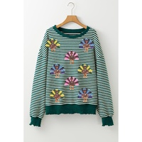 Green Stripe Turkey Pattern Drop Shoulder Pullover Top - 2XL thumbnail