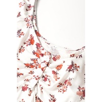 White Boho Floral Ruched Cinched Short Sleeve Blouse - L thumbnail