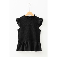 Black Ruffle Short Sleeve Shirred Peplum Top - L thumbnail