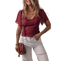 Red Dahlia Mesh Ruffled Sleeve Slim Fit V Neck Top - L thumbnail