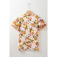 Russet Orange Ruffled V Neck Scalloped Short Sleeve Floral Blouse - L thumbnail