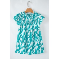 Sky Blue Abstract Print Frilled Crewneck Loose Fit Blouse - L thumbnail