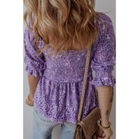 Purple Boho Paisley Print Half Sleeve Shirred Peplum Blouse - L thumbnail