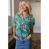 Green Brushwork Geometric Print Puff Sleeve Notched Neck Blouse - L thumbnail