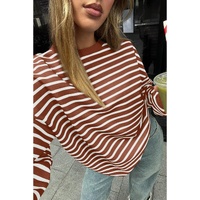 Coffee Striped Long Sleeve Round Neck Loose Top - L thumbnail
