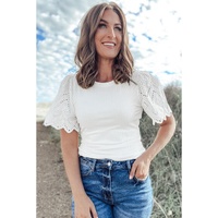 White Eyelet Pattern Short Sleeve Patchwork Ribbed Top - L thumbnail