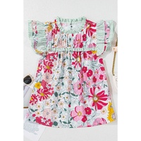 Pink Floral Print Contrast Ruffle Trim Short Sleeve Blouse - L thumbnail