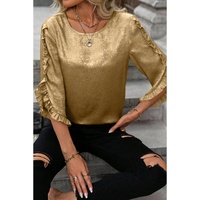 Gold Metallic Luster Frilled Half Sleeve Blouse - M thumbnail