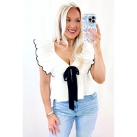 White Contrast Bow Ruffle Trim V Neck Blouse - M thumbnail