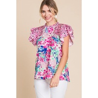 Pink Floral Mixed Print Ruffle Cap Sleeve Blouse - L thumbnail