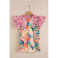 Red Floral Mixed Print Ruffle Cap Sleeve Blouse - M thumbnail