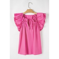 Sachet Pink Shirred Yoke Lace up V Neck Ruffled Sleeve Blouse - L thumbnail