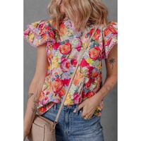 Multicolour Lace Trim Ruffle Short Sleeve Floral Blouse - XL thumbnail
