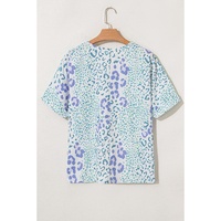 Sky Blue Mixed Leopard Print V Neck Short Sleeve Blouse - L thumbnail