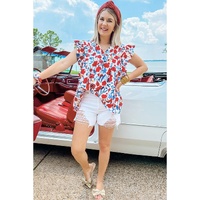 Red Flowers Pintuck Detail V-Neck Ruffled Sleeve Top - L thumbnail