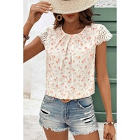 Pink Floral Print Embroidery Detail Crochet Cap Sleeve Blouse - L thumbnail