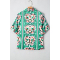 Sea Green Boho Abstract Print Contrast Striped Collared V Neck Blouse - L thumbnail