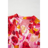 Red Abstract Print Split V Neck Ruffle Short Sleeve Blouse - L thumbnail