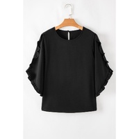 Black Ruffle Trimmed 3/4 Sleeve Round Neck Blouse - S thumbnail