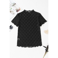 Black Bowknot Sheer Mesh Mock Neck Lettuce Trim Short Sleeve Top - L thumbnail