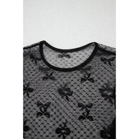 Black Bow Pattern Accent Mesh Long Sleeve Top - L thumbnail