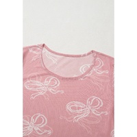Pink Round Neck Bow Print Long Sleeve Mesh Top - L thumbnail