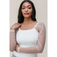 White Swiss Dot Mesh Long Sleeve Square Neck Slim Top - M thumbnail
