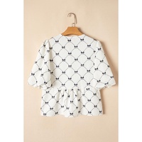 White Bowknot Print Front Knots Bubble Sleeve Blouse - L thumbnail