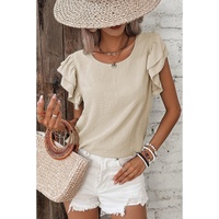 Beige Solid Color Ruffled Short Sleeve Casual Blouse - L thumbnail