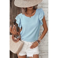 Mist Blue Solid Color Ruffled Short Sleeve Casual Blouse - L thumbnail